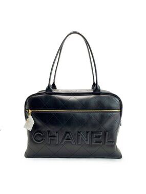 Chanel Logo Bowla Stitch Calfskin Black Boston Bag